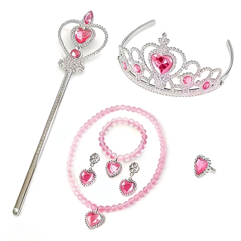 TEMU 6pcs Set Princess Crown, Wand, Headpiece, Necklace, Earrings, Ring, Bracelet Accessories, Birthday Party Performance Dress-up Props, Halloween