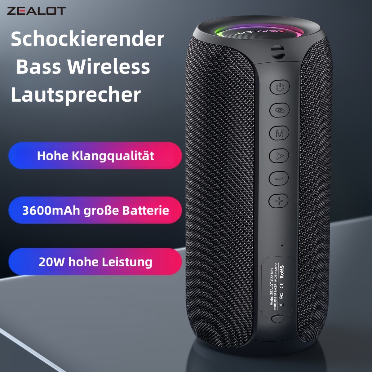   s32max 20w verstärker kabelloser lautsprecher, tragbarer dual-lautsprecher mit kräftigem  , 3600mah akku mit rgb-beleuchtung, 8 stunden  , lautes stereo, pole-mounted subwoofer. ladekabel aux-kabel, kompatibel mit speicherkarte/usb-laufwerk/aux, tws-serie freisprechanrufe