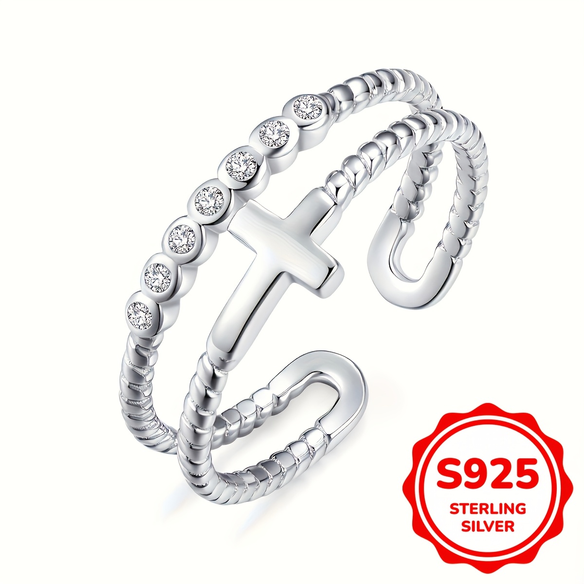 S925 Sterling Silver Cross Double-layered Open Ring_voghion.com