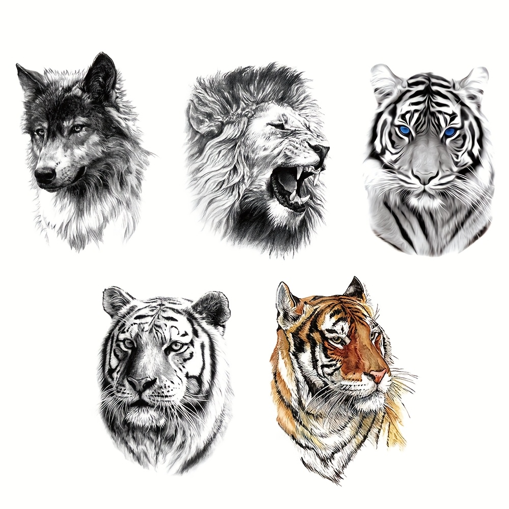 Image of Set Of 5 Waterproof Temporary Tattoo Stickers Featuring Vibrant And Realistic Animal Designs Like Tigers, Wolves, And , Perfect For Body Art On , Chests, Abdomens, Waists, And Legs For Men And Women
