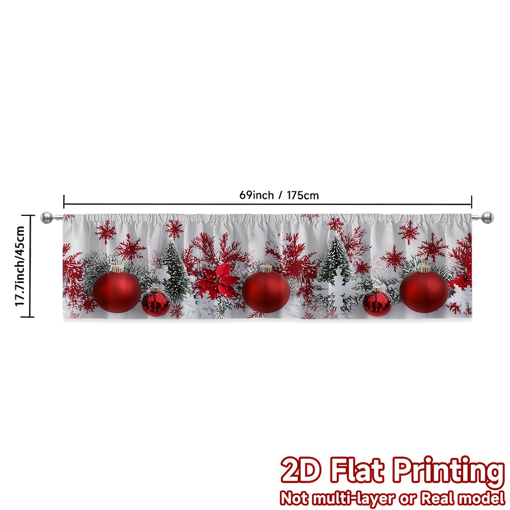 TEMU 2d Flat - 1pc, 2d Flat Printing Festive Christmas Kitchen Valance Curtain, Winter Snowflakes Balls, 100% Polyester (without Rod), Perfect For