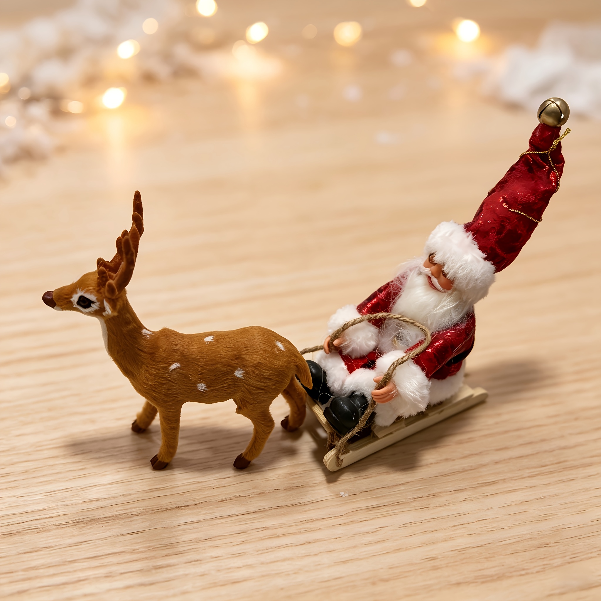 TEMU Christmas Desktop Decoration 2pcs Set, Cute Spotted Reindeer Figurine And Wooden Santa Sleigh Sculpture, Farmhouse Style Christmas Mantel Decor,