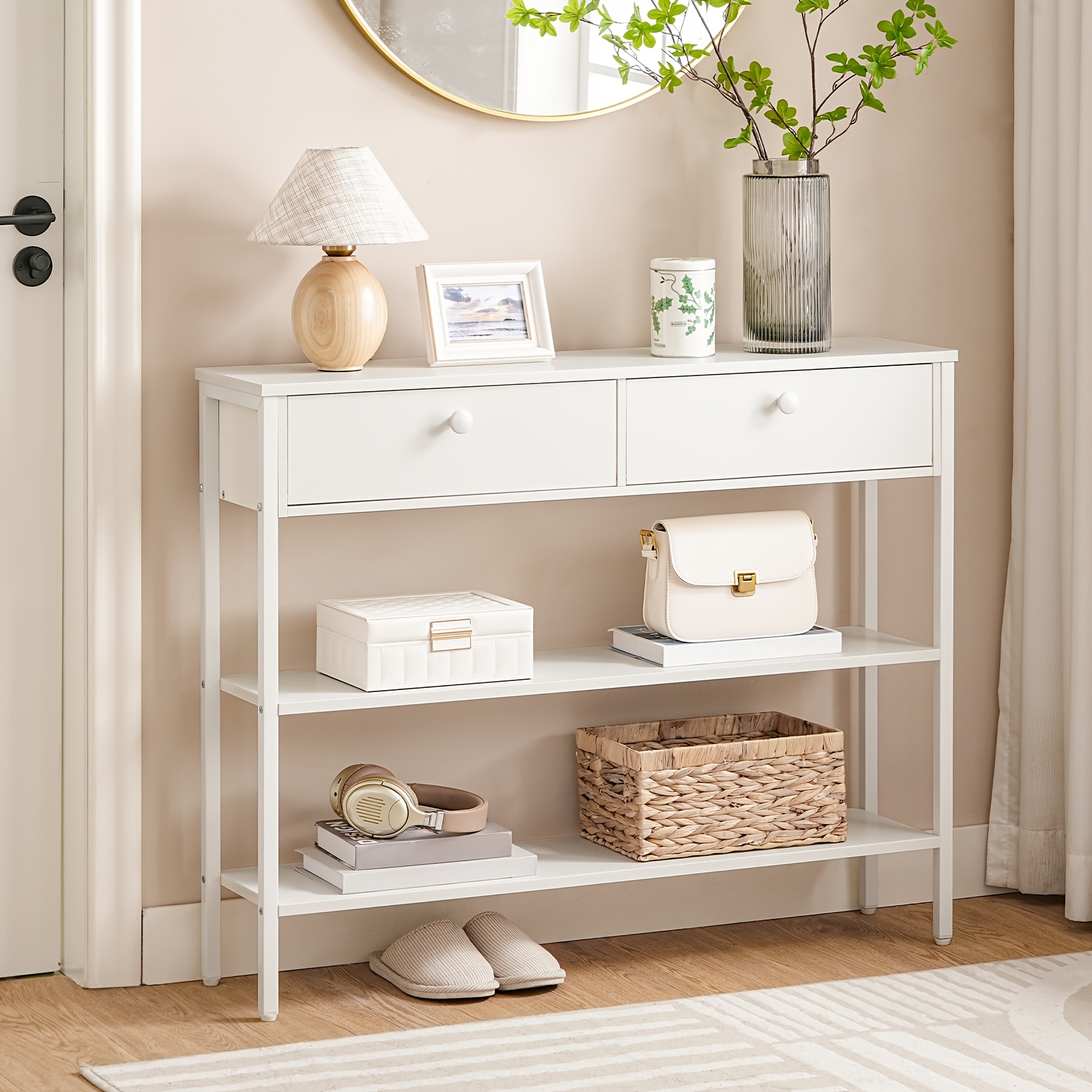 Image of Console Table, Hallway Table With Drawers And 2-tier Storage Shelves, Sofa Table With Sturdy Golden Metal Frame, 100 X 24 X 80cm, For Entrance, Hallway, Living Room, White