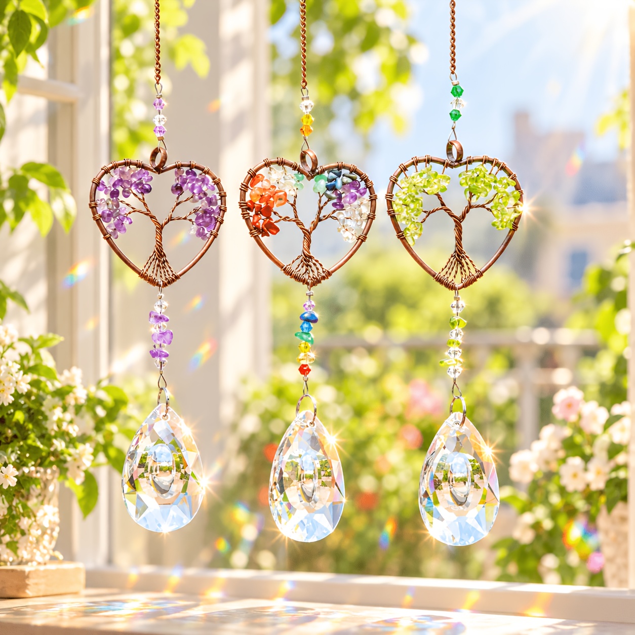Image of 3-pack Suncatcher Kits, Tree Of Life Heart-shaped Pendant With Chakra Stone Beads, Glass Prism Hanging Decor For Garden, Home