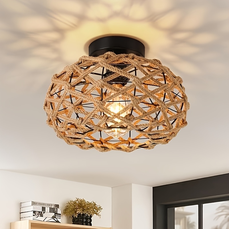 

Bohemian Rattan Ceiling Light Fixture - Strip Design, Semi-flush Mount, Style For Bedroom, Hallway, Kitchen, Home Decor