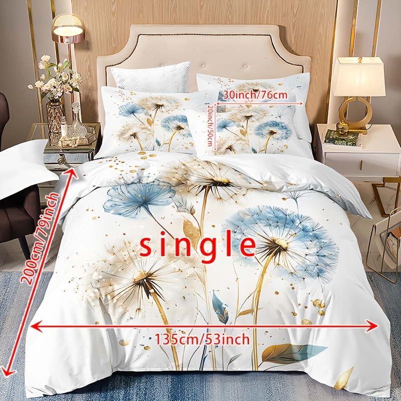 Image of 3pcs Dandelion Duvet Cover Set (1 * Duvet Cover + 2 * Pillowcases, Without Core), Golden And Blue Dandelion Pattern 3d Printed Bedding, Ultra Soft Comfortable Breathable Duvet Cover With Pillowcases
