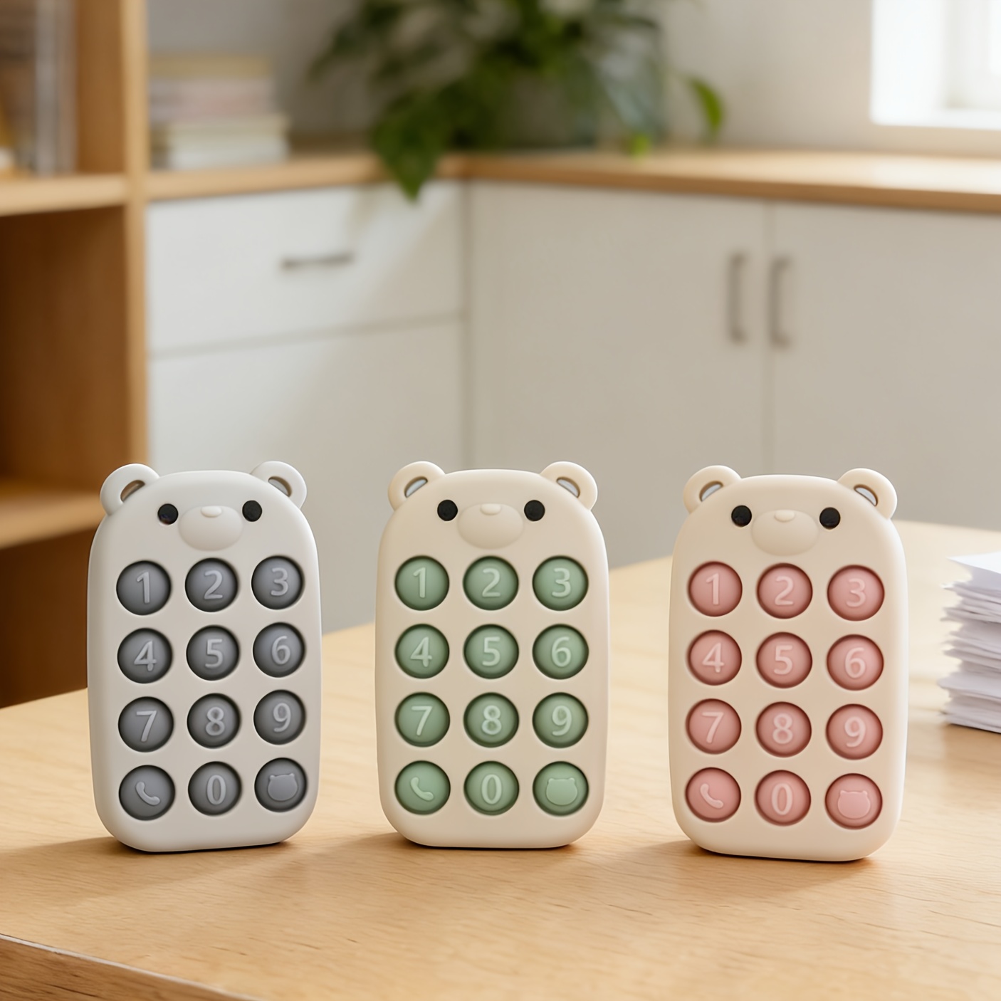 Silicone Phone-Shaped Teether Toy for Kids, Bear Button Design
