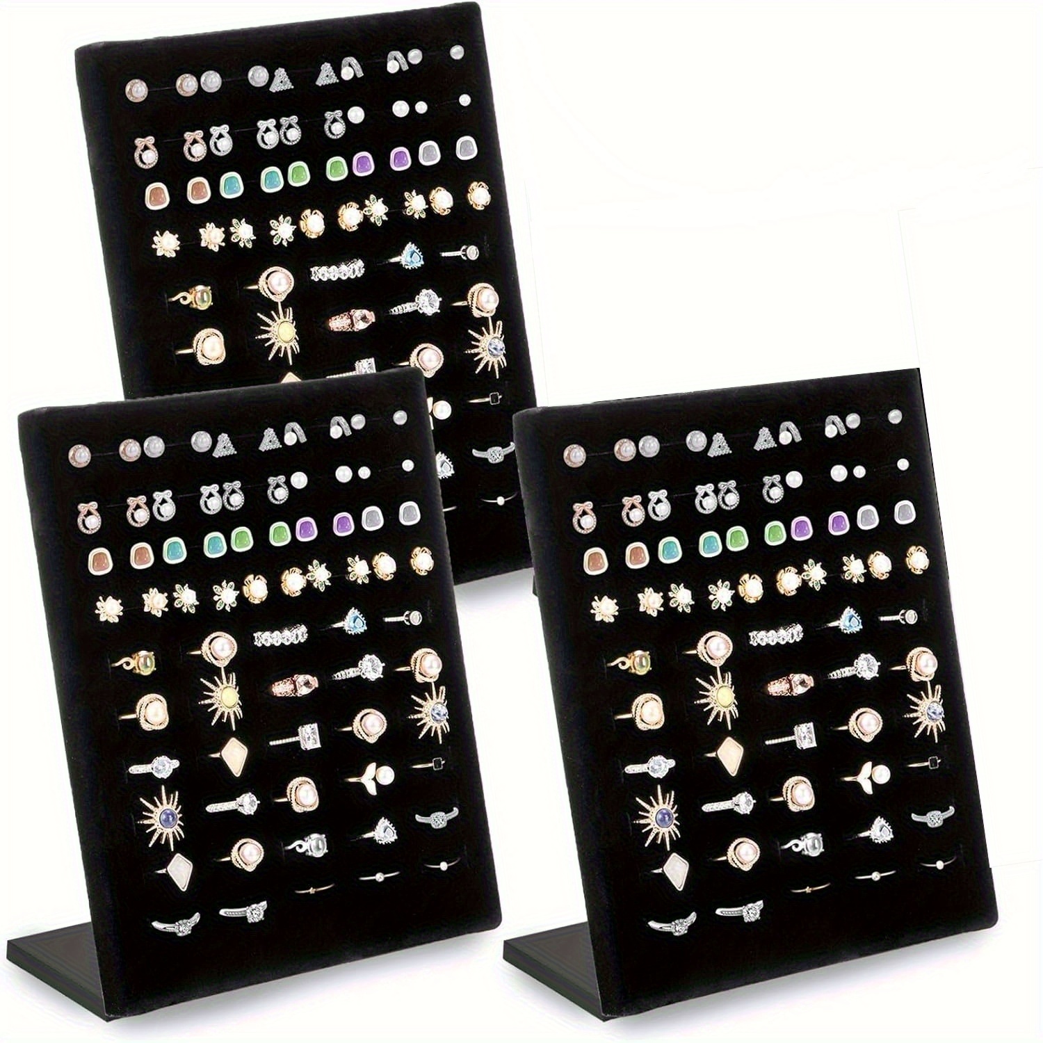   3 pack l shaped jewelry display stands with 60 slots black velvet lined plastic ring organizer trays for earrings rings bracelets desktop retail store home storage earring arrangement   design durable construction jewelry trays Product details 1