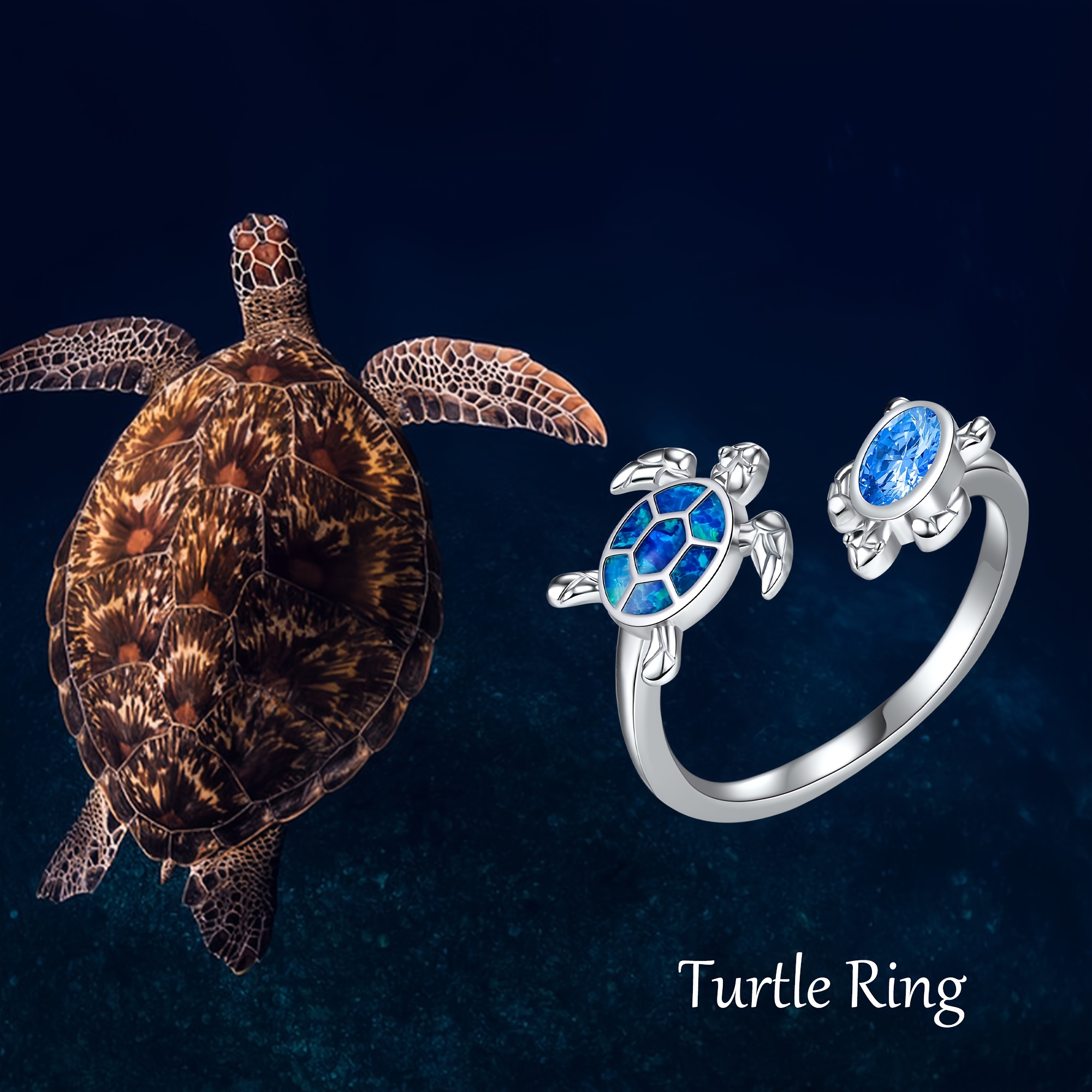Sea Turtle Ring 925 Sterling Silver Synthetic Opal Adjustable Ring