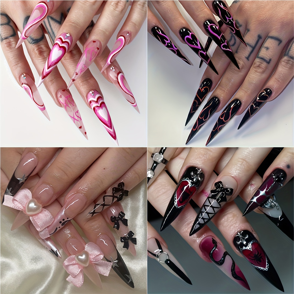 

Y2k Style 96 Pcs/4 Packs Of Long, Stiletto-shaped Fake Nails With Love Patterns, Press-on Diamond Bows, And 3d Silver - Perfect For Women And Girls For Everyday Wear