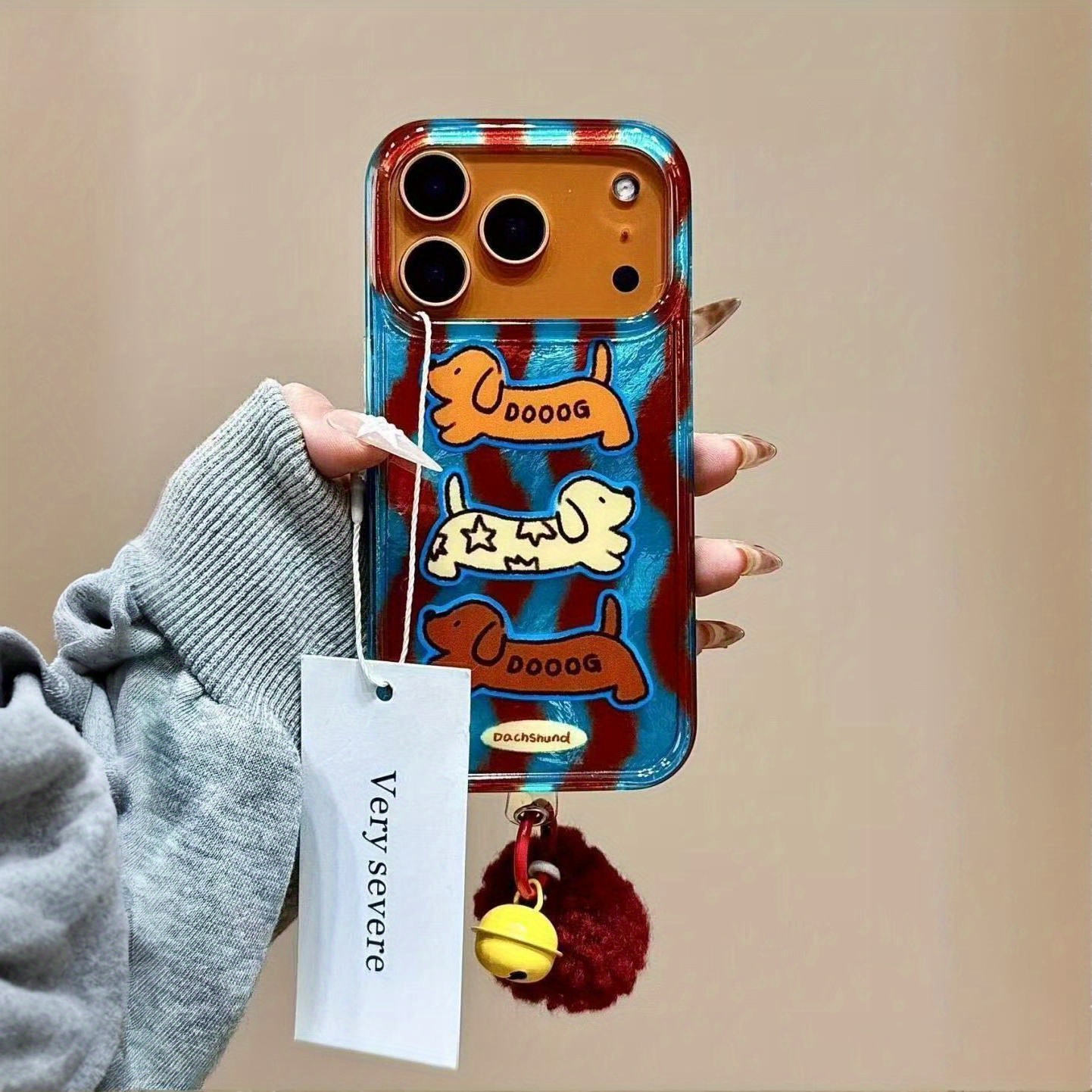 TEMU Phone Case - Cute Irregular Striped Dachshund Cartoon Phone Case, Comes With A Pom-pom Pendant Suitable For Iphone 17/16/11/13/ Plus/15 Pro/15