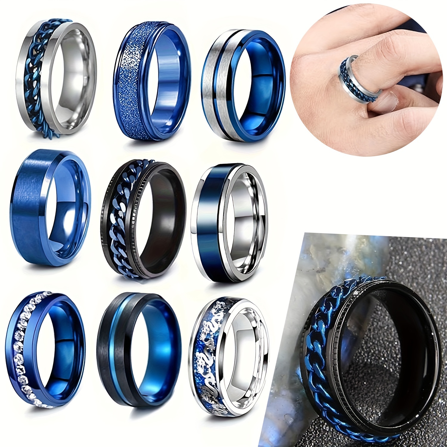 

9pcs Men' Steel Rotating Pressure Ring Set, Blue, Black, Silvery, Adjustable Size Rings For Couples