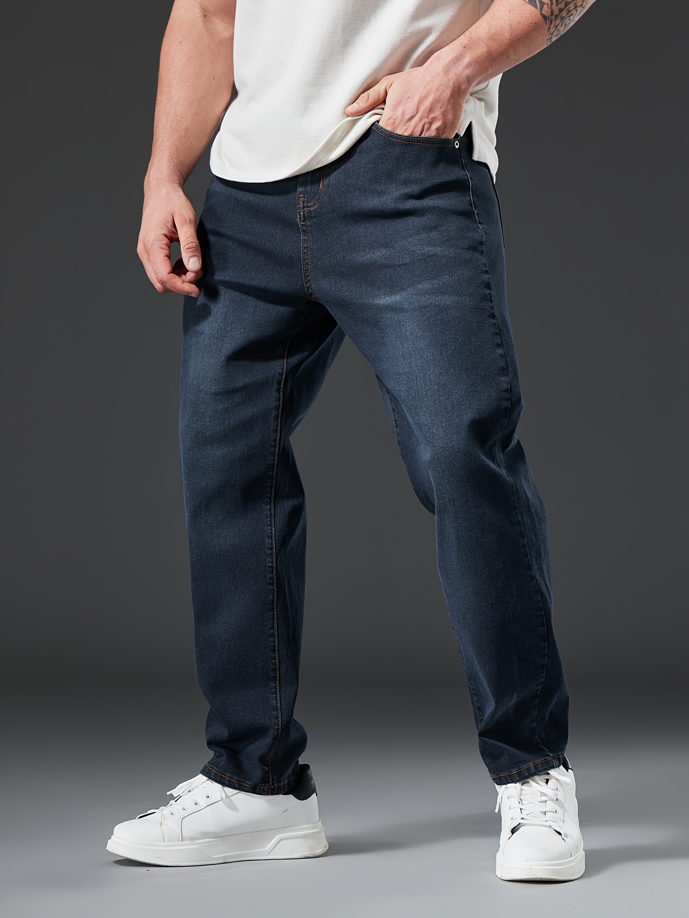 Plus Size Men's Stretch Slim-Fit Straight-Leg Jeans - Mid-Stretch Machine-Washable Water-Washed Denim, Solid Color Casual Pants for Autumn/Winter, Versatile for Everyday & Formal Wear, Winter Jeans | Modern Jeans | Comfortable Fit, PLUS SIZE