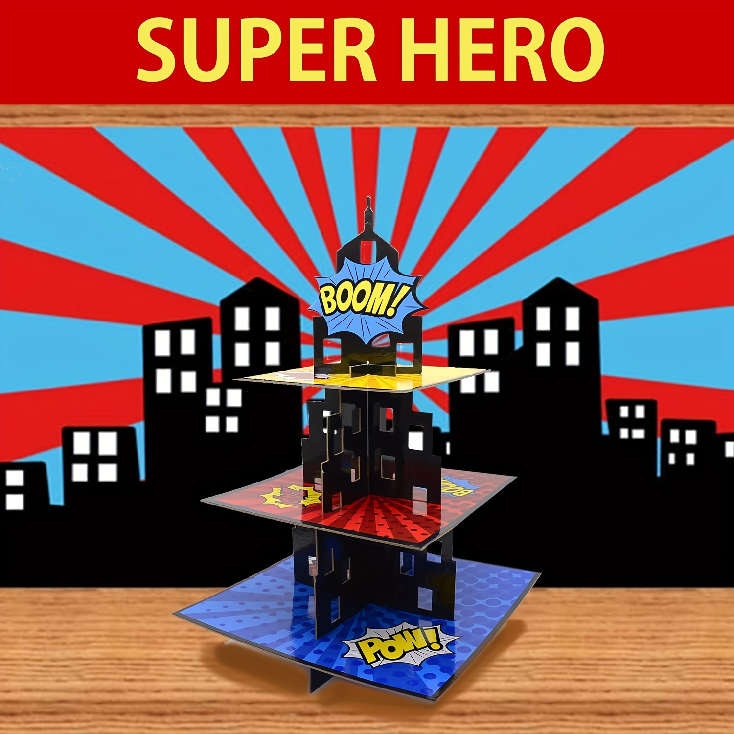 

Super Hero 3-tier Paper Cupcake Stand, Comic Book Style Party Display For Desserts, 12-14 Years Old, No Battery Required – Ideal For Birthday Party Decorations