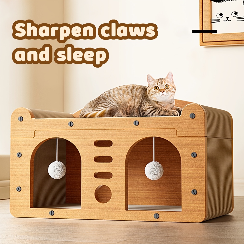 TEMU 1pc Wooden Cat House With Scratching Board, Plush Balls, And Enclosed Ventilation - Multi- Indoor/outdoor Cat Shelter With Assembled Design For Cats
