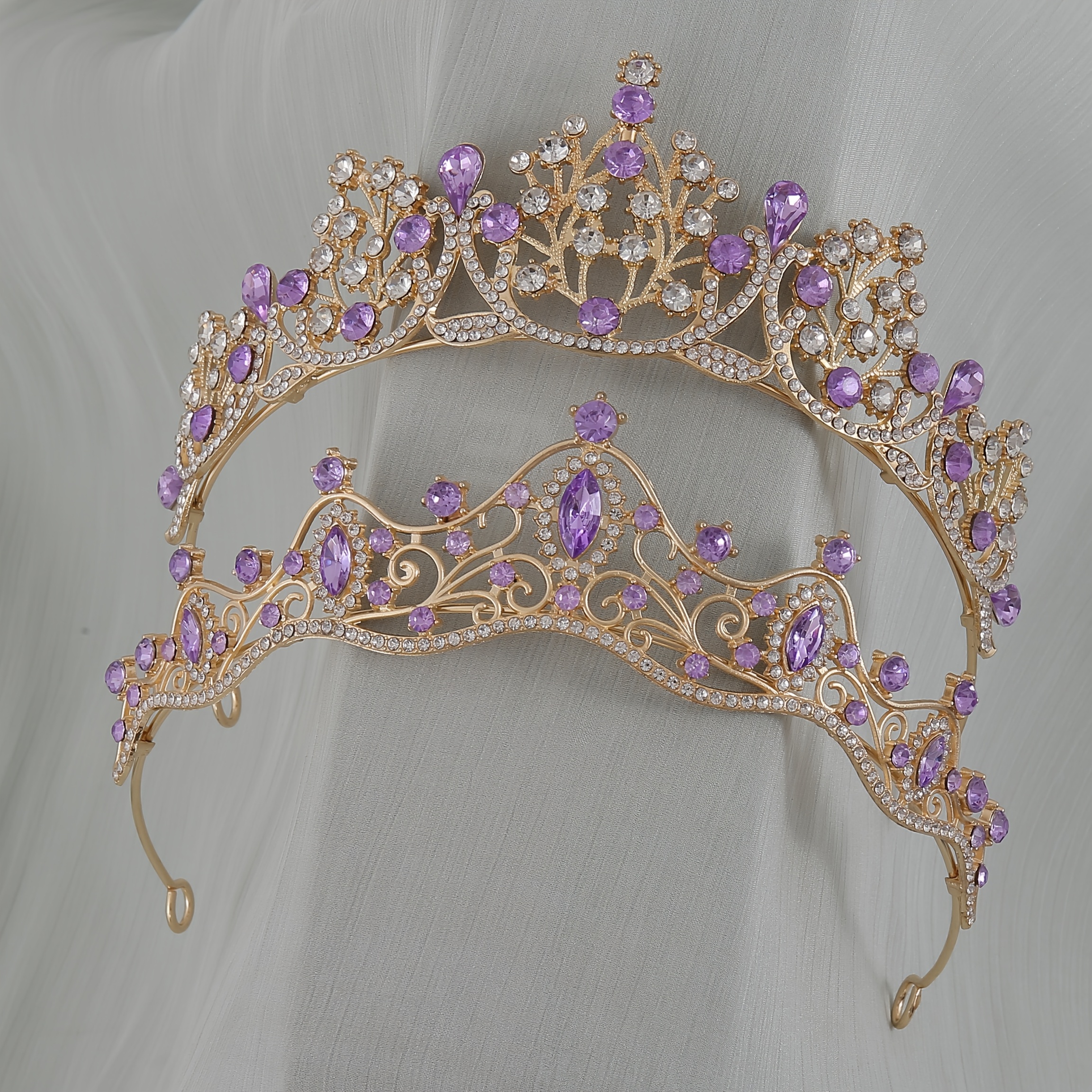 Image of 2pcs Elegant Purple Rhinestone Bridal Princess Crown Headband,boho Style Tiara With Sparkling Purple & Carved Gem For Wedding,birthday Party,formal Occasion,bridesmaid Stage Hair Accessories