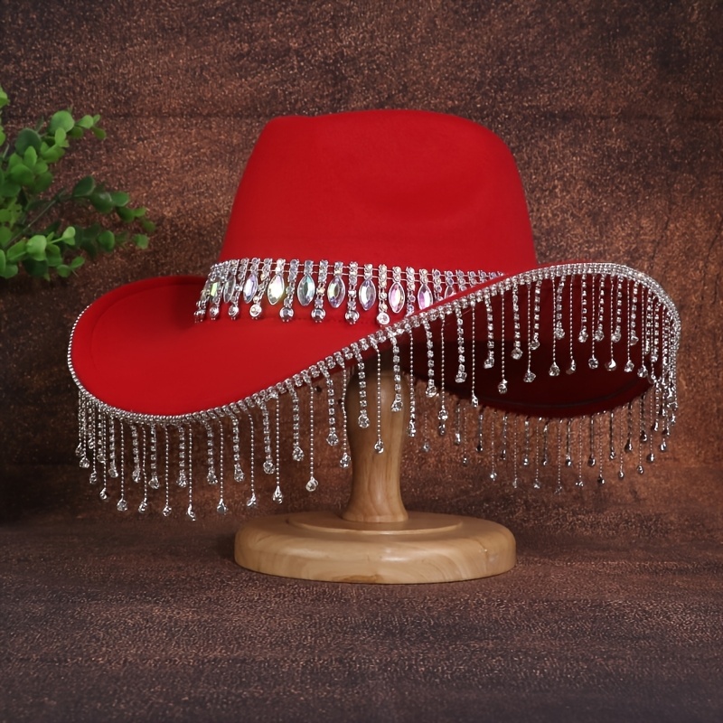 TEMU 1pc Elegant Water Drop Diamond Cowboy Hat, Rhinestone Tassel Decorate Exquisite, Felt Hat, Suitable For Events Parties And Gatherings