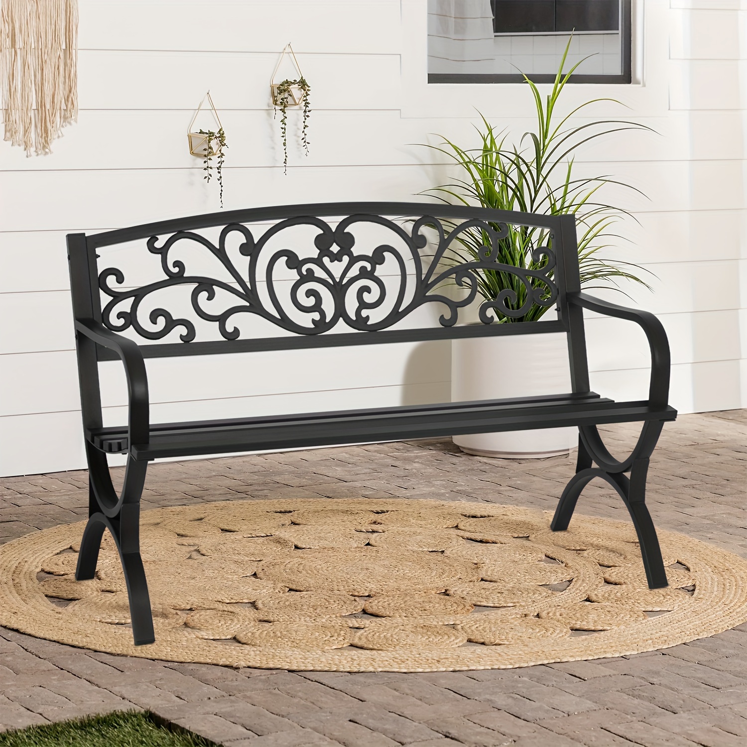 

Cast Iron Steel Frame Garden Bench Patio Furniture Chair Outdoor Bench W/floral Design Backrest, Slatted Seat For Park, Yard & Por