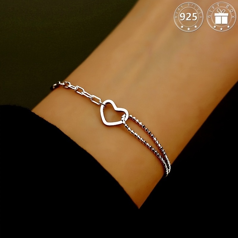 

925 Sterling Silver Love Heart Chain Bracelet Ladies Double Stitch Bracelet Jewelry With Gift Box