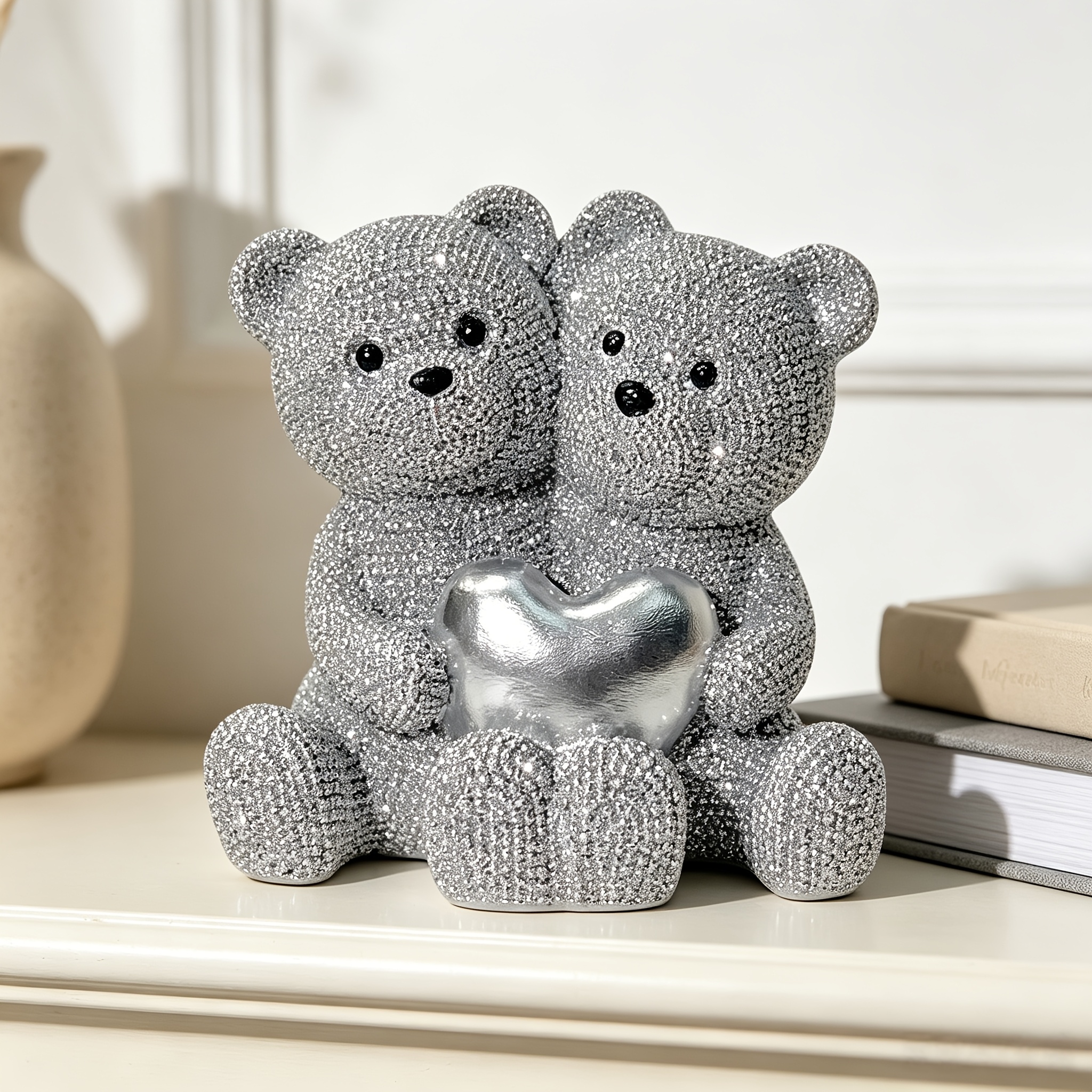 Image of 1pc Silvery Couple Bear Statue Ornament, Resin Handicraft Ornament, Suitable For Home Decoration Ornament, Office Decoration Ornament, Best Valentine's Day And Mother's Day Gift