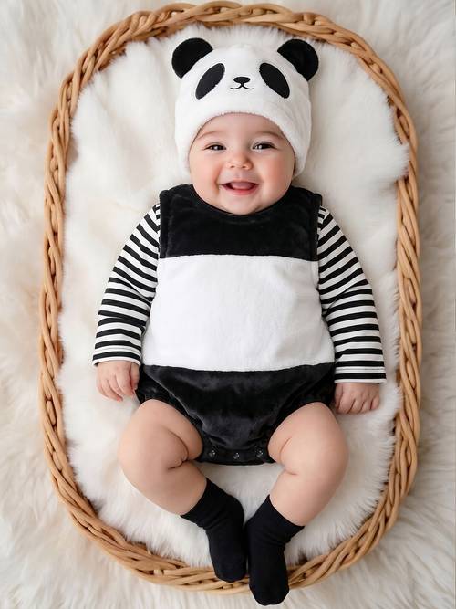 item picture black and white striped long sleeve with black and white sleeveless vest hat panda double faced plush hat autumn winter warm crawling suit with hat suitable for autumn winter daily photoshoots etc