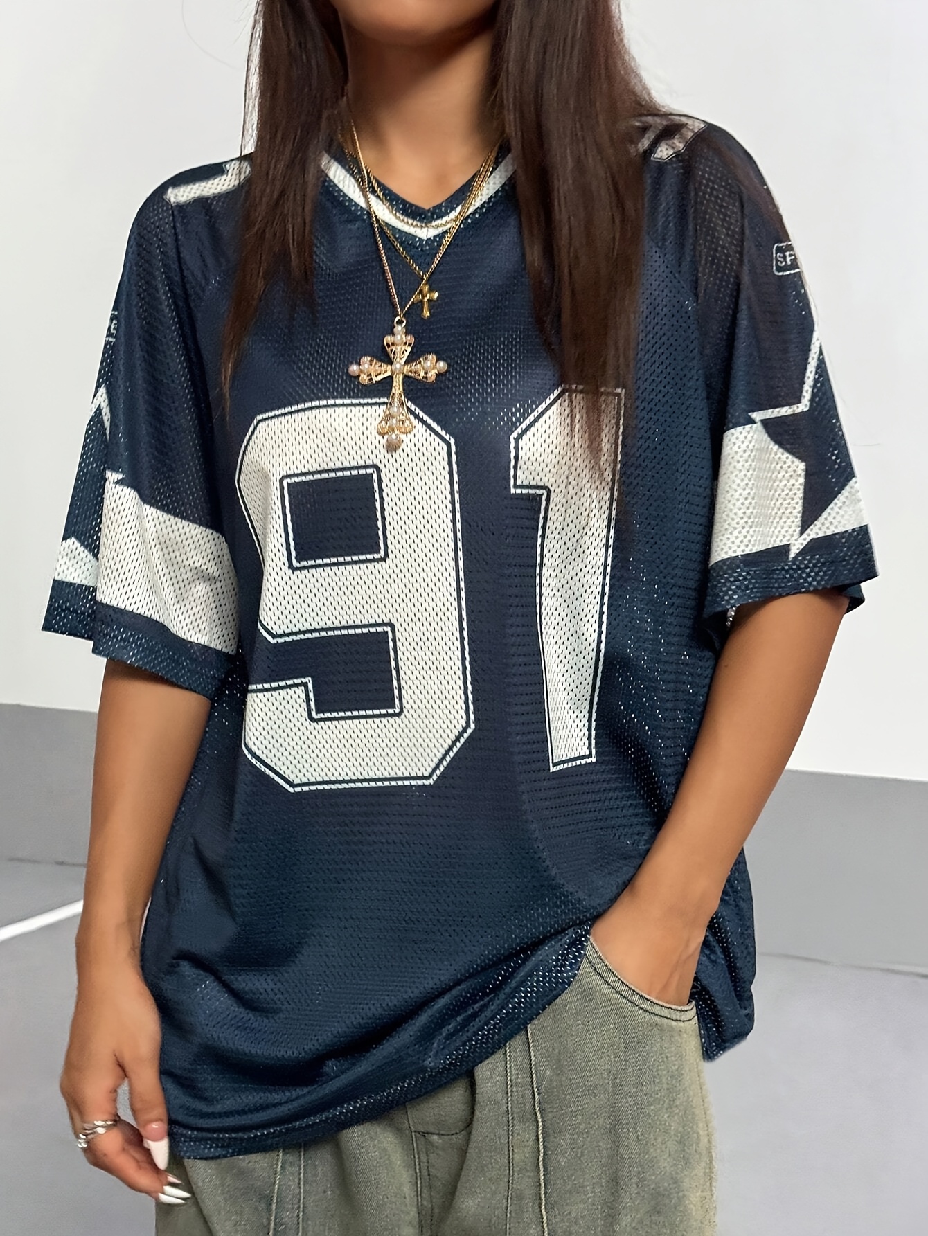 Women'S Jersey T-Shirt Brown V-Neck Short Sleeve Casual Sporty Top with  Number 91 Lightning Print, Lightweight Polyester Ble