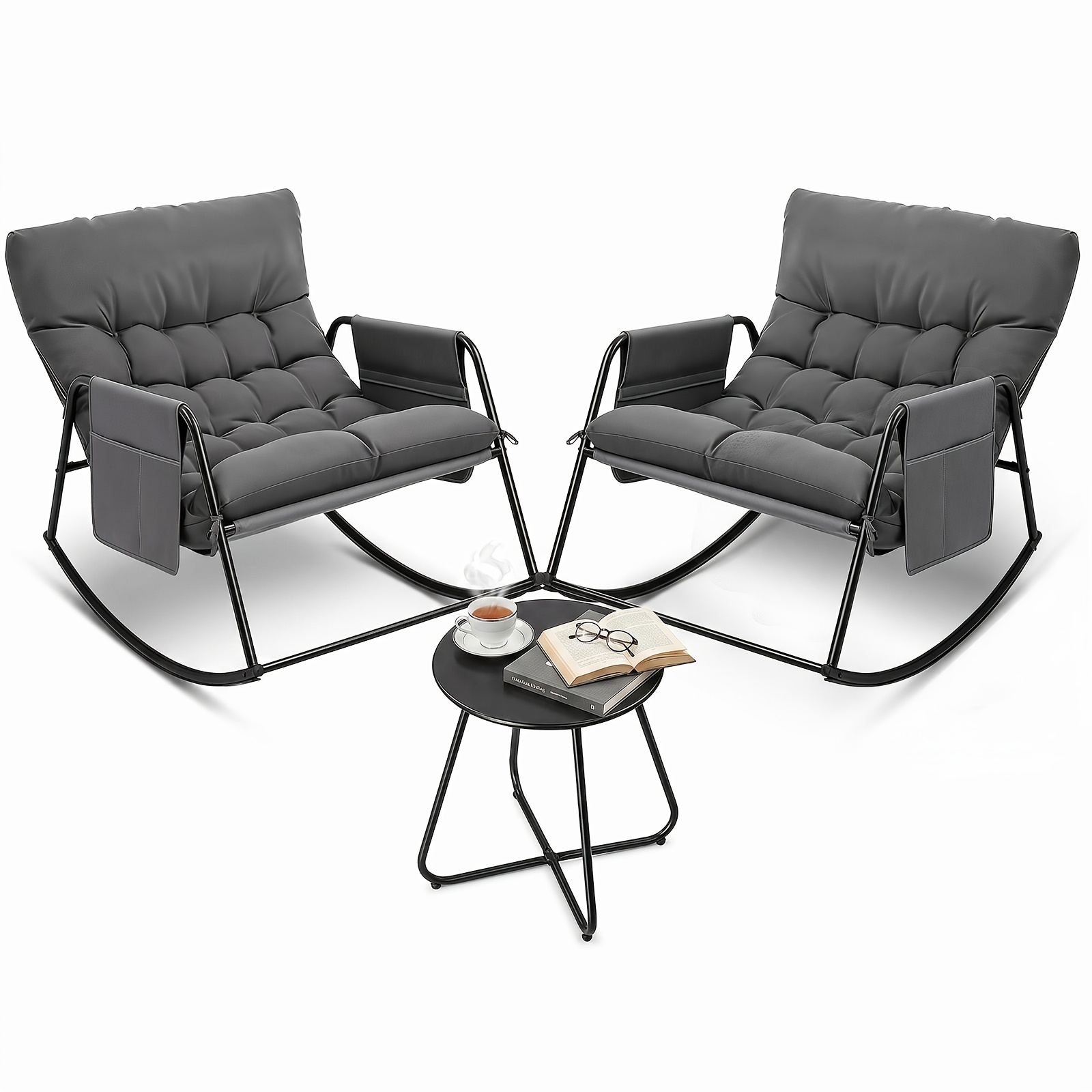 Bonnlo 3pcs Balcony Furniture Set, Patio Furniture With 2 Rocking Chairs And 1 Small Table, Suitable For Porch, Garden, Pool Area, Balcony Or Backyard, Gray/white