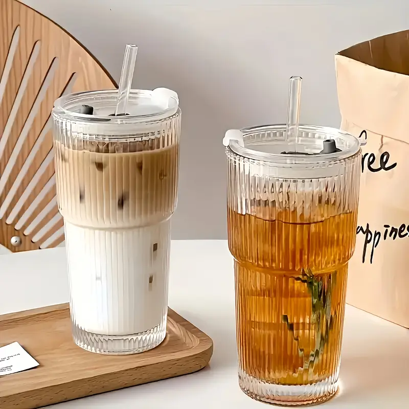 2 ribbed glass cups with plastic lid and straw straw brush iced coffee cocktails etc suitable for home office party supplies 20oz Product details 0