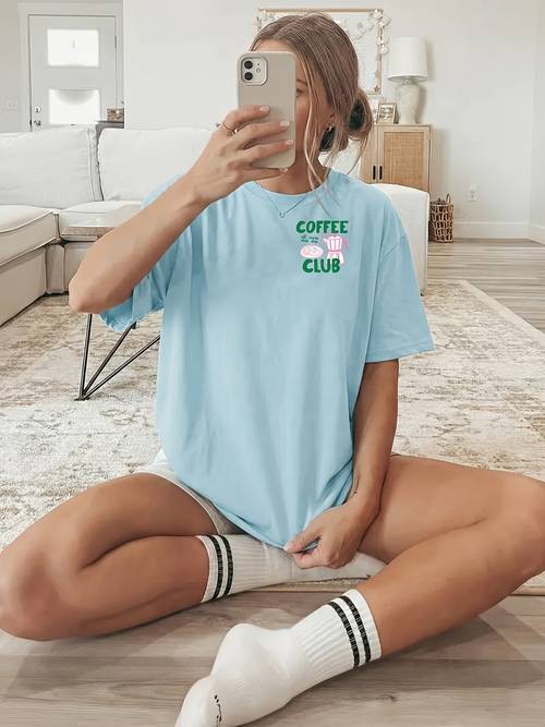 womens oversized coffee bread print t shirt double sided short sleeve round neck blouse compatible top loose fit casual shirt suitable for home outfits machine washable bread themed wardrobe essential