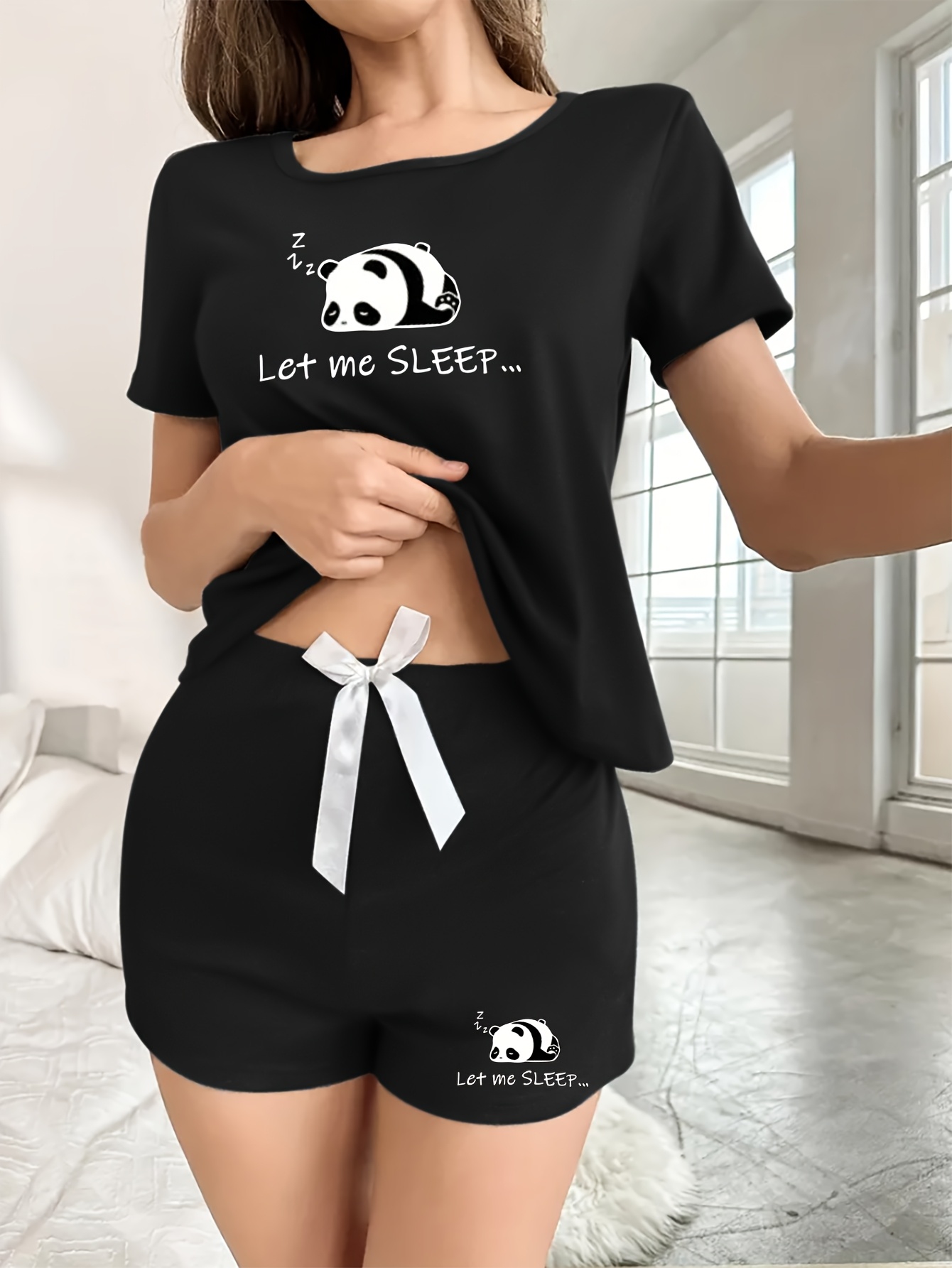 womens cute panda print pajama set with bow detail soft stretchy fabric short sleeve top elastic shorts   spring summer sleepwear and relaxation sleepwear   print   pajama set details 8
