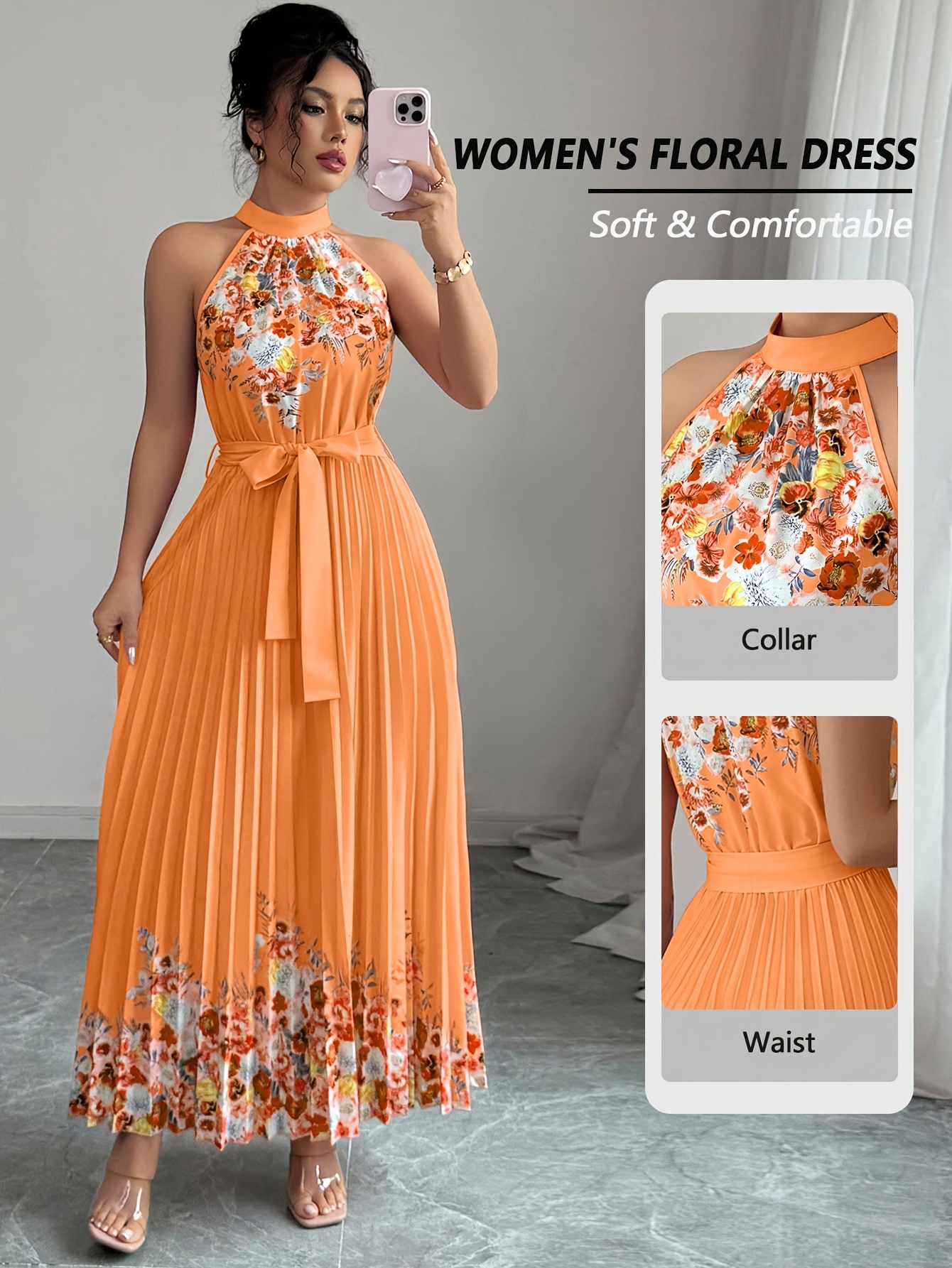 Fashionable New Women'S Summer Halter Floral Print Pleated Dress