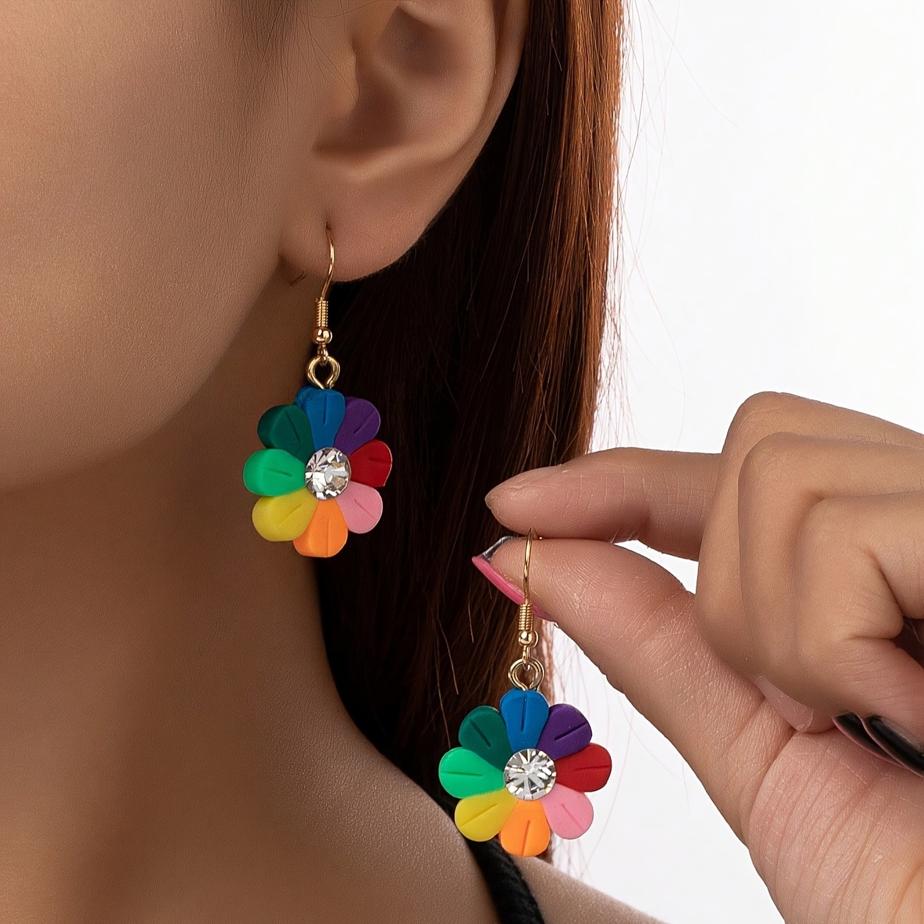 

Colorful Flower Shiny Zircon Inlaid Dangle Earrings Elegant Cute Style Polymer Clay Texture Holiday Earrings