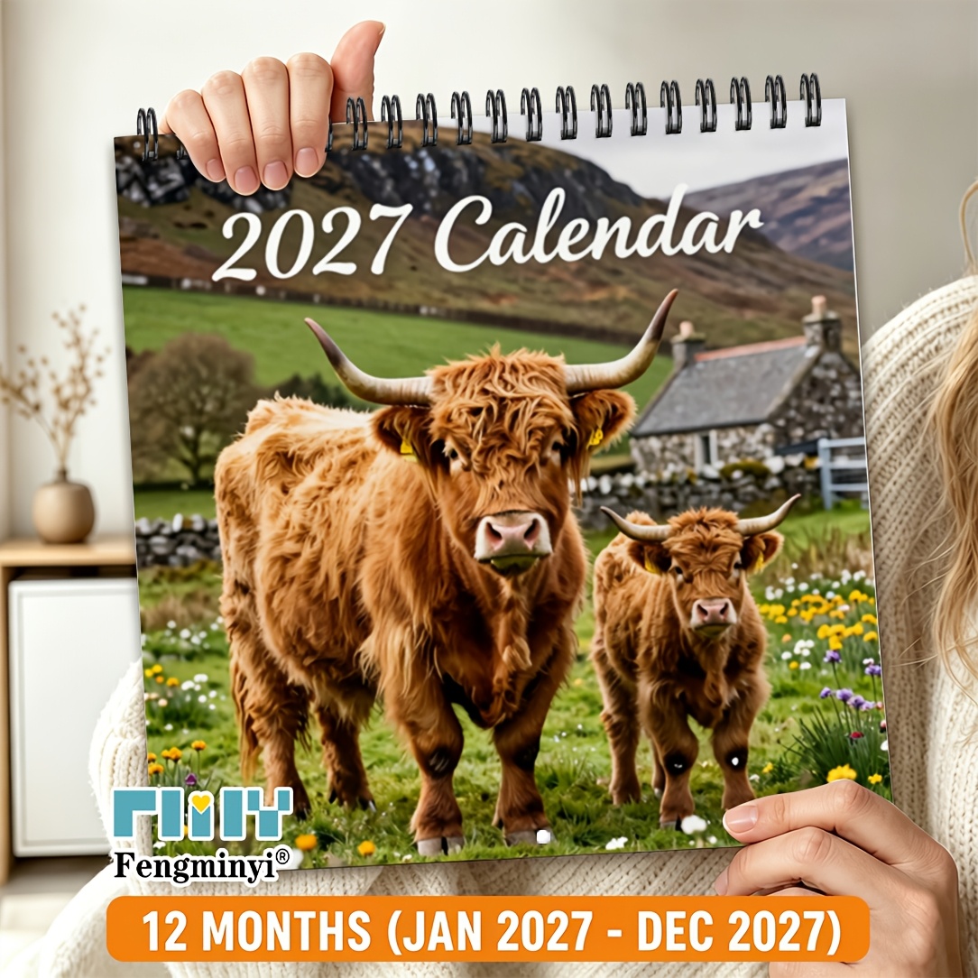 TEMU 2d Flat Planners, 1 Book, 2027 Wall Calendar, 2027 Highland Cow Wall Calendar, 12-month Hanging Calendar, Double-coil Spiral Binding, 8.3*8.3