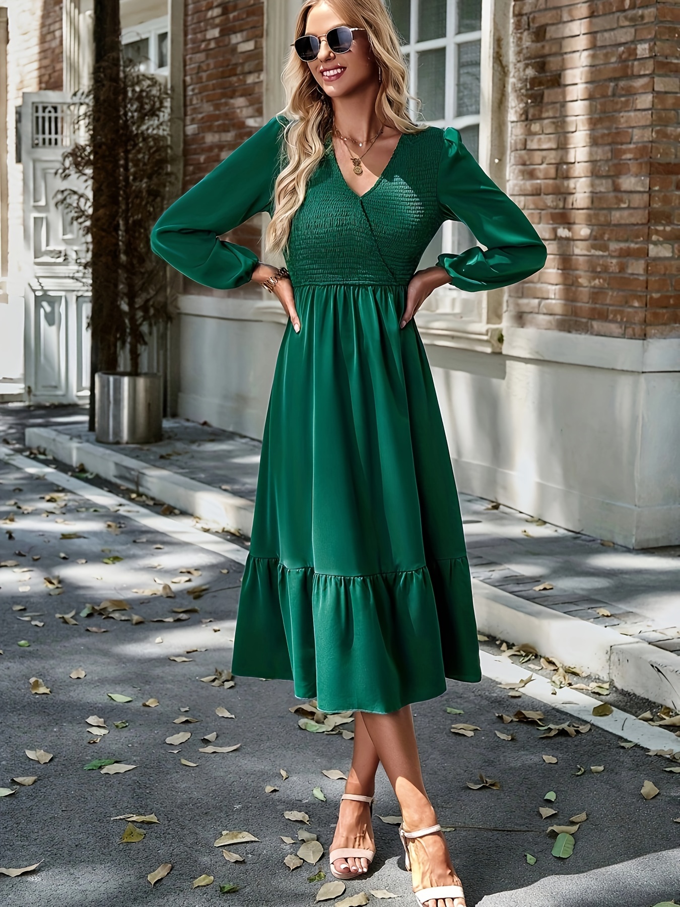 elegant v neck solid color dress a gathered design cross - Temu