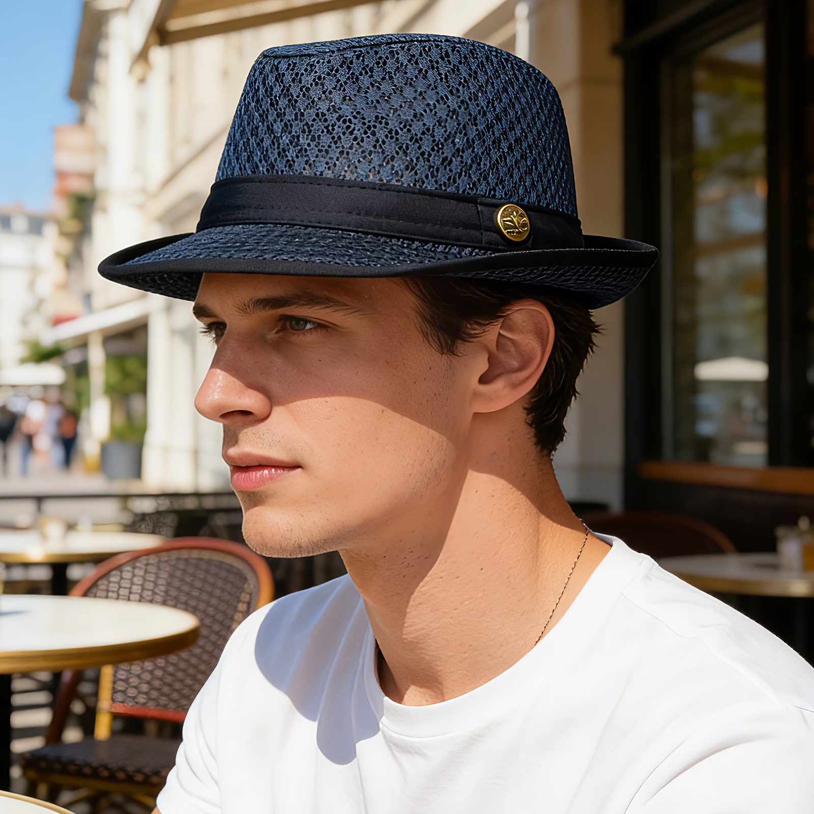 Image of Jewelrywe Easy British Jazz Hat, Breathable Mesh, Flat Brim Fedora, Sun Hat, Multiple Colors , Men's Gift