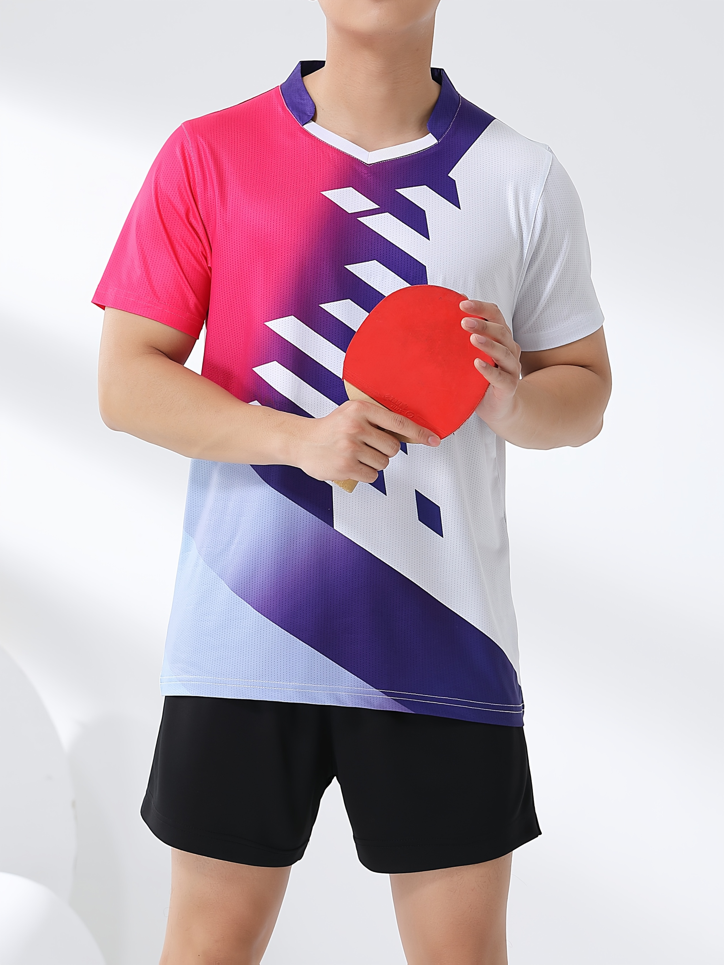Men S   Breathable Athletic T-Shirt - Moisture-Wicking Geometric Color-  for Tennis, Golf, Badminton, Volleyball & Table Tennis -     with V-Neck & Regular Fit, Sports Apparel, Casual Sportswear, Durable Sportswear, Workout Clothing, Sporty Look,  , Activewear Top, Fitness Enthusiasts