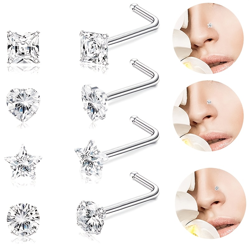 TEMU 4pcs Set Of Elegant, Luxurious And Design Women' Steel Nose Stud Jewelry, Inlaid With Shiny Synthetic Zirconia Embellishments, L, S, I-shaped