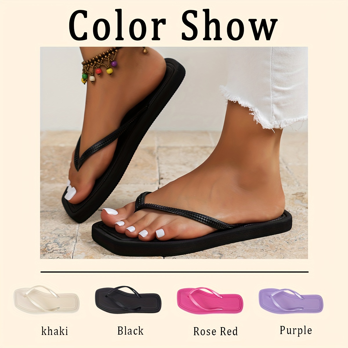 Women'S Summer Fashion Flip-Flops - Comfortable, Durable EVA Material, Flat Heel, Slip-On Thong Sandals for Beach & Casual Wear, Black with White Stripe, Ladies Sandals