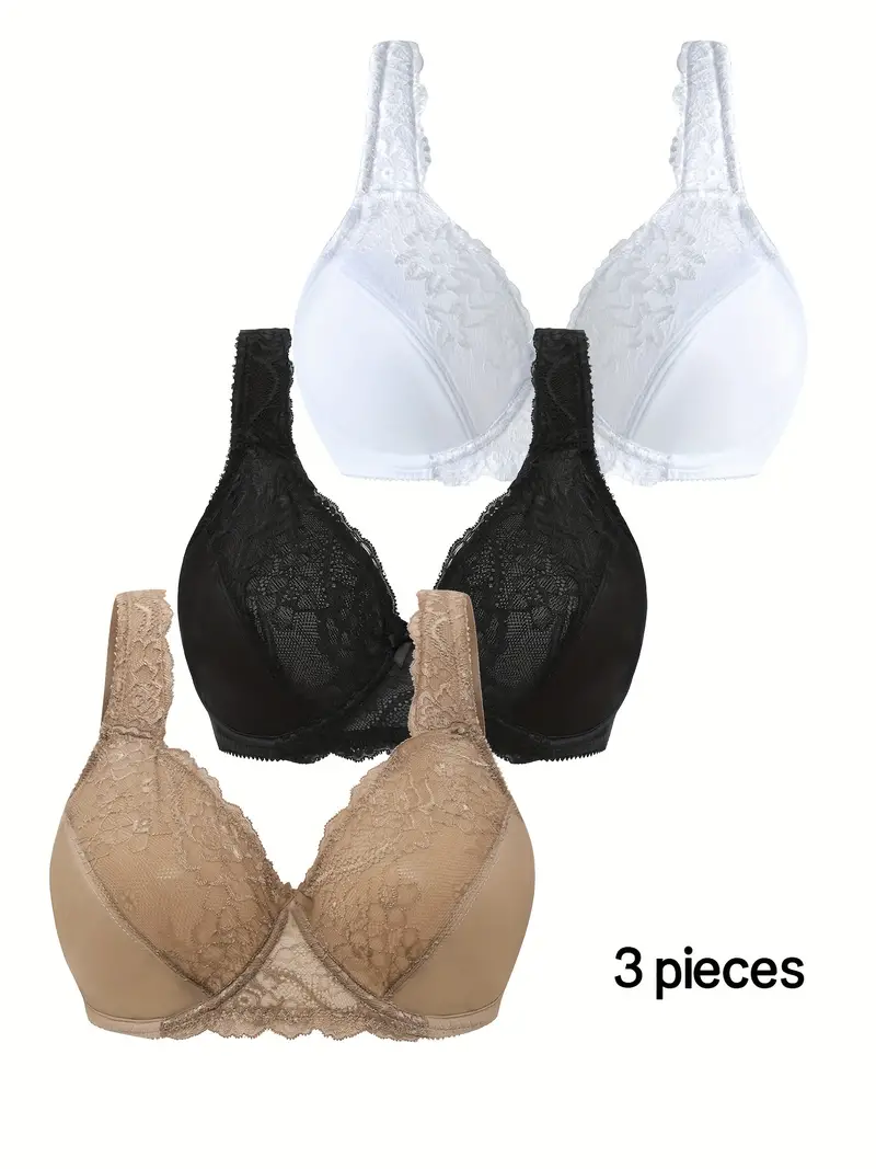 3 Pack Plus Size Sexy Bras Set, Women's Plus Floral Lace Full Cover Wide  Straps Underwire Bras 3pcs Set