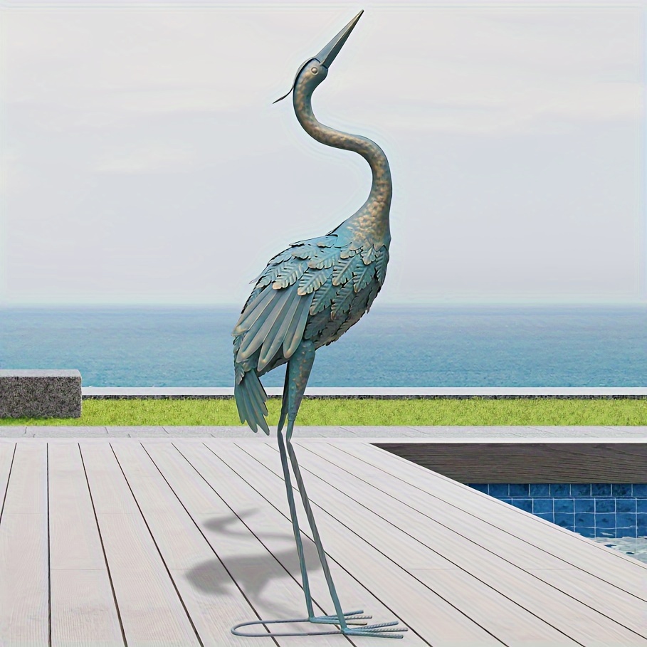 

1pc Metal Crane Garden Statue Decor, Bird Garden Sculpture & Statue, Outdoor Decoration For Yard Patio Lawn Backyard Pool, Vintage Spread Wings Crane