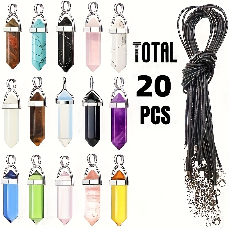 

20pcs Artificial Crystal Hexagonal Quartz Pendants, Synthetic Gemstone Charms, Adjustable Leather Necklace Cords, With Storage Bag For Making, Ideal Gift