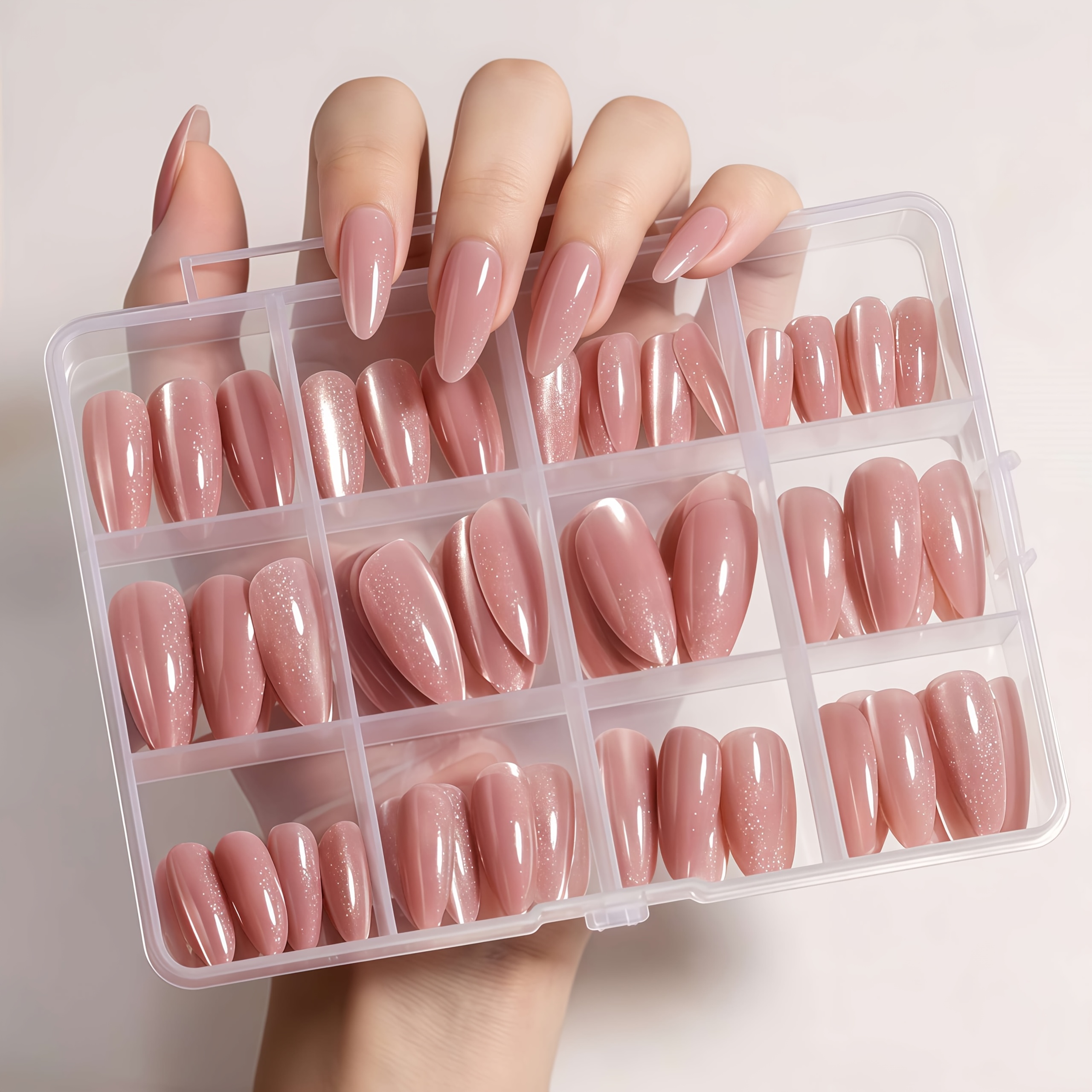 TEMU 120 Unghie Finte Lunghe a Mandorla, Rosa Nude Lucido con Glitter , Riutilizzabili, Multi-Misura, Scintillio Delicato, Kit di Unghie Artificiali