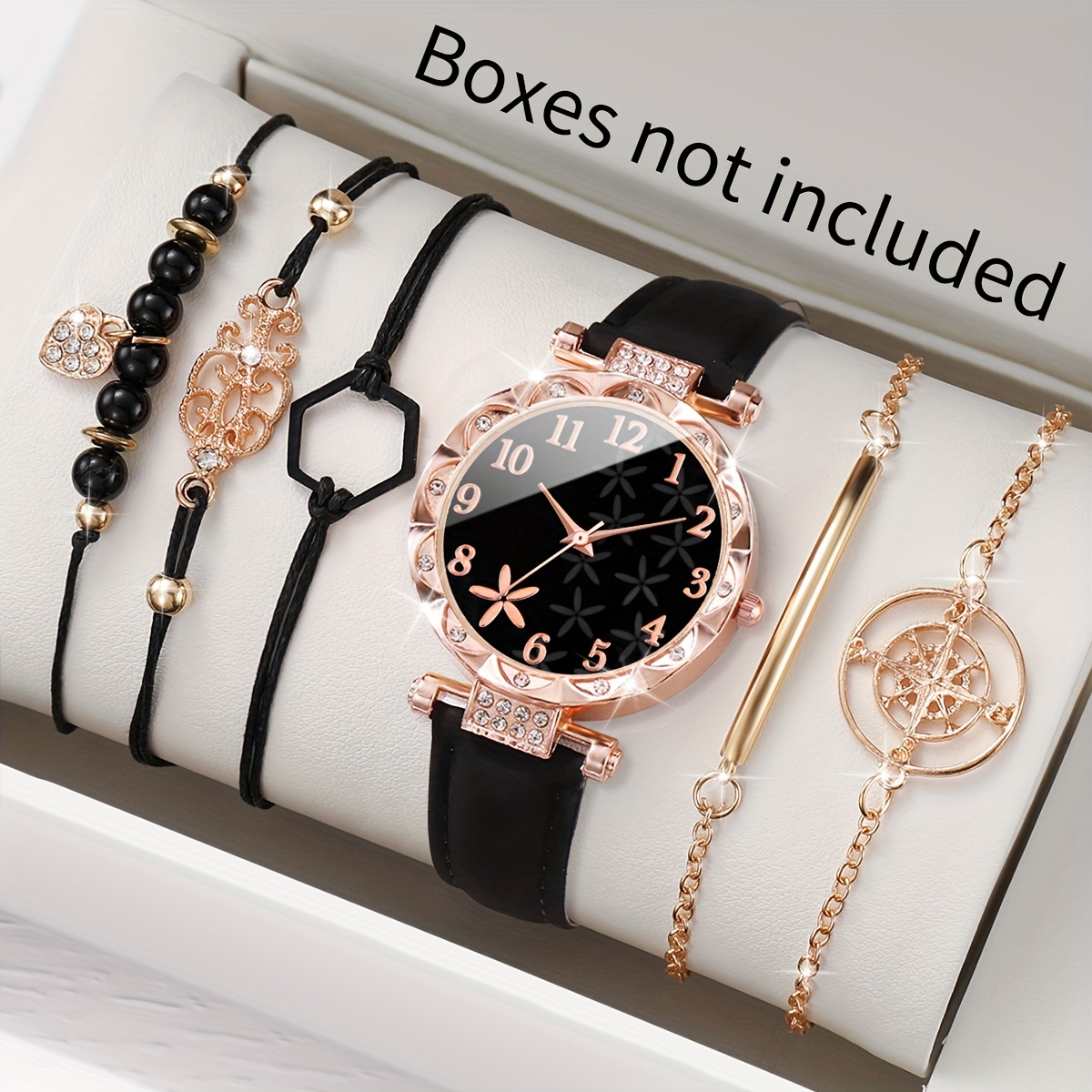 

6pcs/set Women's Casual Flower Rhinestone Quartz Watch Analog Pu Leather Wrist Watch & Bracelets, Gift For Mom Her