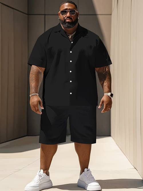 mens plus size casual solid color shirt set plus size