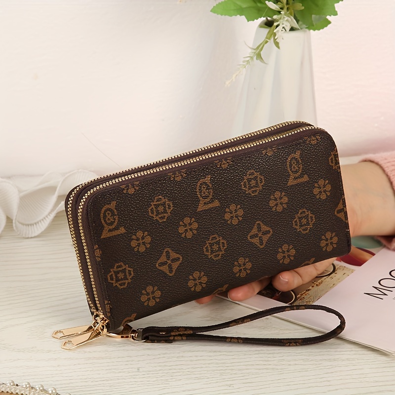 

Portefeuille long vintage inspiré par le design, double pochette longue à double fermeture éclair à la mode avec poche pour téléphone, porte-monnaie à grande capacité avec dragonne