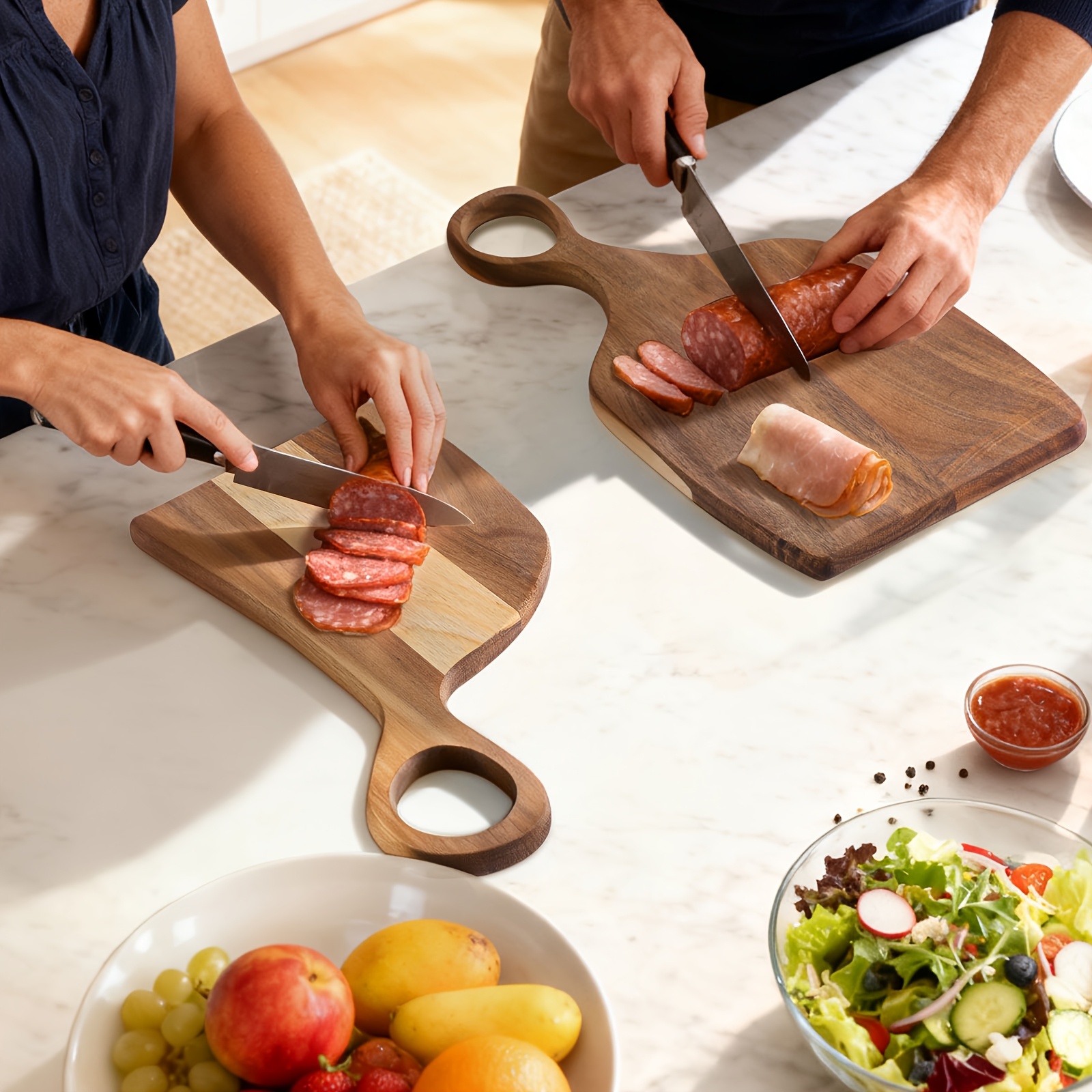 Set Of 2 Handcrafted Acacia Wood Cutting Boards With Handle Safe Chopping Boards For Home Kitchen Cooking Serving And Couples Use