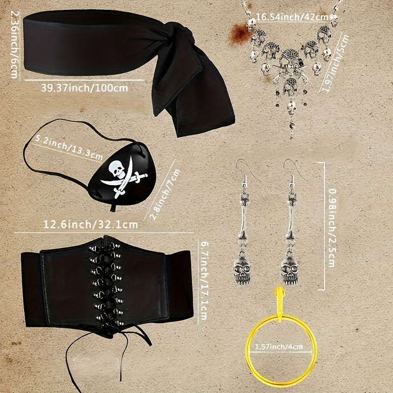 Aichiyu Conjunto De Accesorios Para Disfraz De Pirata, Diadema De Pirata, Parches De Ojos, Collar, Cinturón Elástico Con Cordones Para Halloween, Juego De Rol, Máscara (A