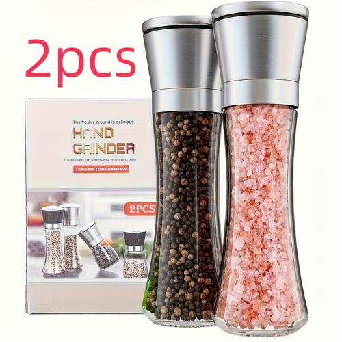 2pcs heavy duty stainless steel salt and pepper grinder set with adjustable ceramic tall glass mills suitable for sea salt spices modern kitchen mills for restaurants for and commercial use