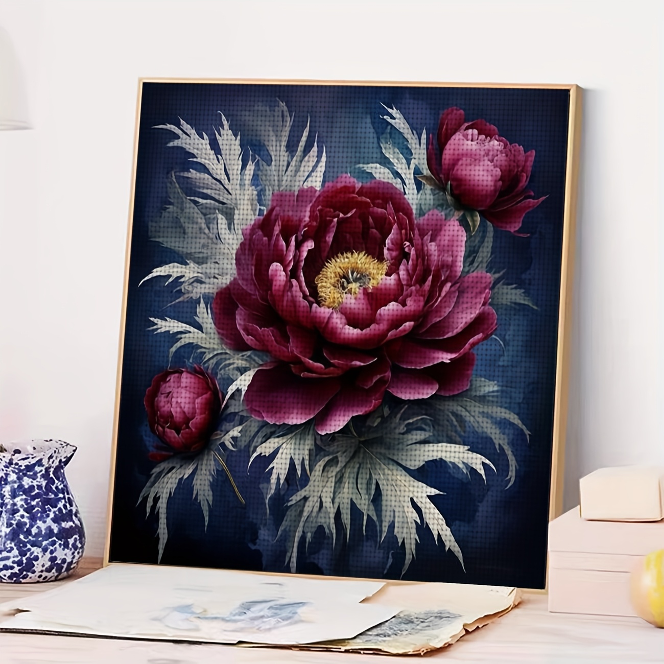 Frameless Printed DIY Cross Stitch Kit with Peony on Dark Background Design