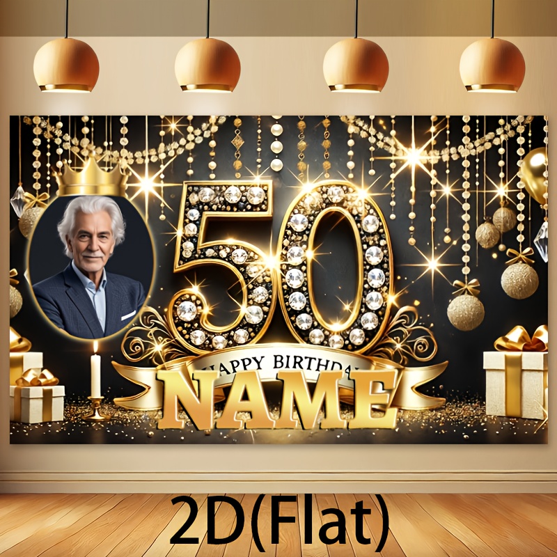 2d1pcs large customizable birthday banner with personalized name and photo shiny 50th birthday background featuring   and diamond elements print multifunctional party wall decor suitable for themed carnivals no electricity needed perfect gift for  